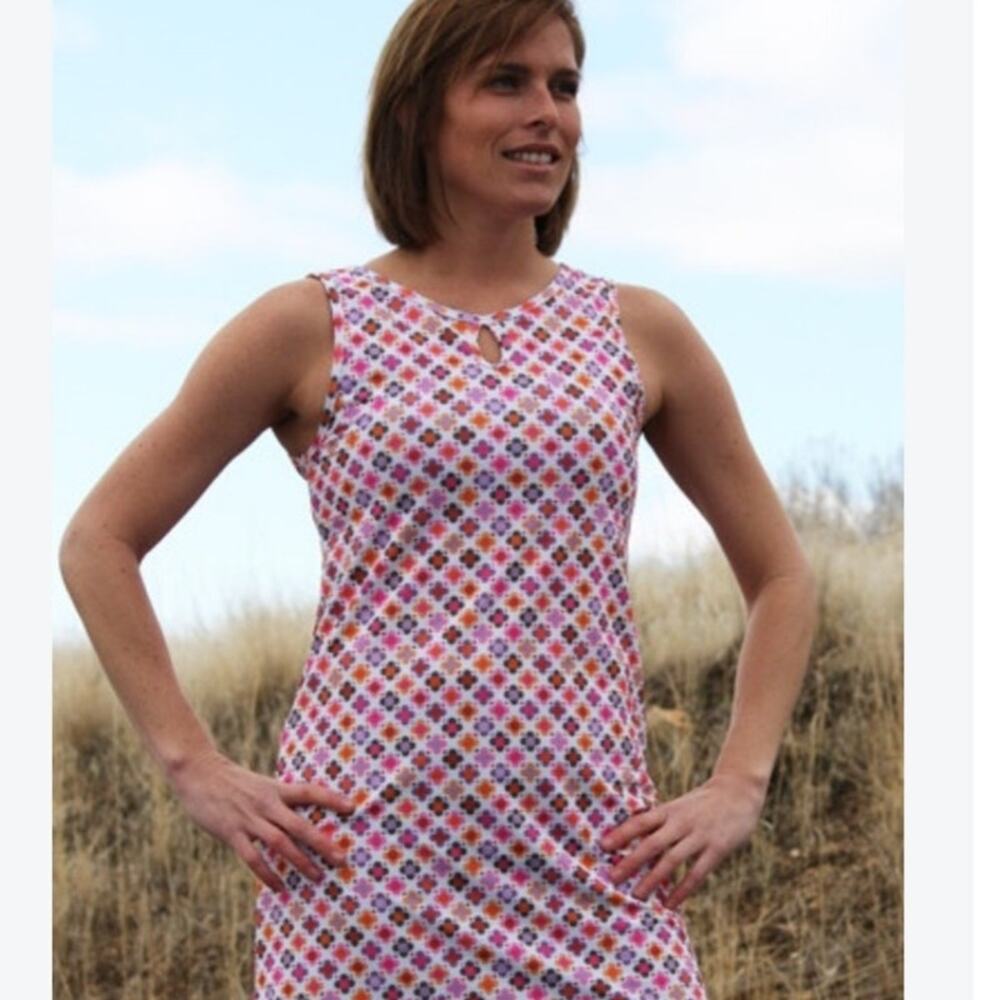 Nuu-Muu Exercise Dress Large Floral Pink Orange Purple Keyhole Pocket USA